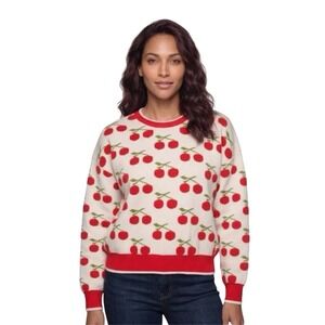 Kaily K Womens Cream Red Cherry Print Knit Crewneck Sweater Pullover Large L
